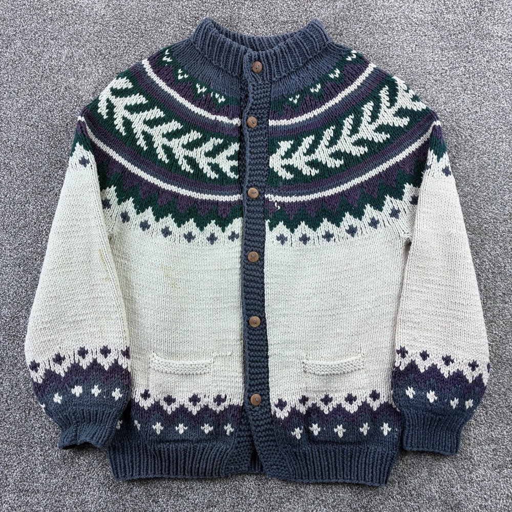 Vintage Purple Mountain Cardigan Sweater Women's XL Hand Cotton Fair Isle Knit